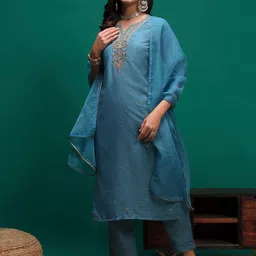 Sangria Women Ethnic Motifs Embroidered Kurta with Trousers & Dupatta-33