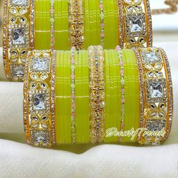 BeautyTrends Set Of 50 Gold-Plated Kundan Studded & Artificial Beaded Chuda Bangles image 1