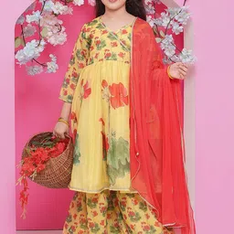 Bitiya by Bhama Girls Floral Printed V-Neck Anarkali Kurta with Sharara & Dupatta-image-9