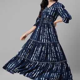 Femvy Women Printed Tiered Crepe Puff Sleeves Wrap Maxi Dress-picture-1