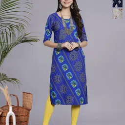 HERE&NOW Selection Of 3 Bandhani Printed Round Neck Straight Kurtas-32