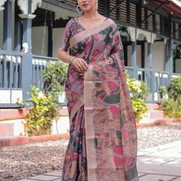 SGF11 Kalamkari Printed Pure Linen Saree-image-64