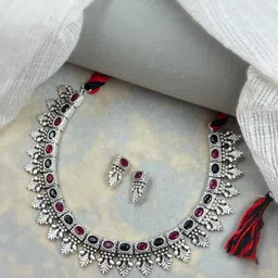 NAMAN ARTS Silver-Plated Stone Studded Oxidised Jewellery Set-image-19