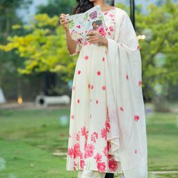Indo Era Floral Printed Pure Cotton Anarkali Kurta With Trousers & Dupatta-26