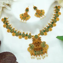 Diksha collection Brass-Plated Stone Studded & Beaded Matte Finish Temple Jewellery Set-image-29
