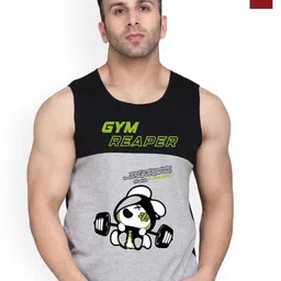 SLOWLORIS Pack Of 2 Printed Round Neck Sleeveless Bio-Wash Cotton Gym Vests-picture-1