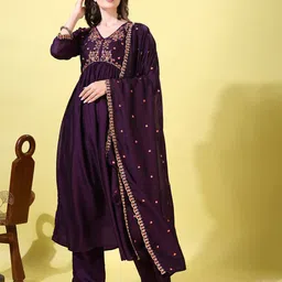KALINI Embroidered V-Line Anarkali Kurta With Palazzos And Dupatta-picture-41