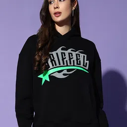 GRIFFEL Women Black Printed Hooded Neck Long Sleeves Pullover Sweatshirt-image-68