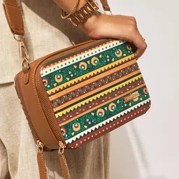 Chumbak Geometric Printed PU Structured Sling Bag with Fringed image 5