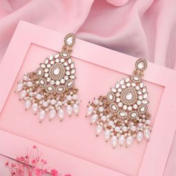 DIVASTRI Gold-Plated Kundan Studded and Pearls Beaded Contemporary Drop Earrings-15