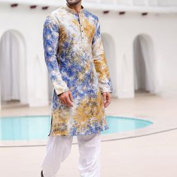ASUKA Men Printed Regular Linen Kurta with Pyjamas image 4