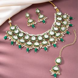 Peora Gold-Plated Kundan-Studded & Beaded Jewellery Set-image-66