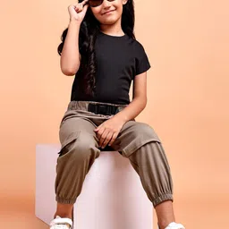 YK Girls Ribbed Pure Cotton Top With Cargo Joggers-image-93