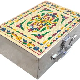 SS Storage Box With Handicrafts Digital Meenakari Laser Print Design - 9 Inch Cash Box-23