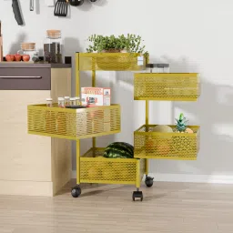 4+1 Layer Kitchen Metal Storage Rack with Wheels | Square Shape - Golden Iron Kitchen Trolley-image-90