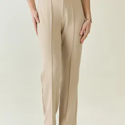 Women Regular Fit Cream Lycra Blend Trousers-image-61