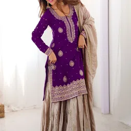 Fusionic Women Ethnic Motifs Embroidered Regular Kurta with Sharara & With Dupatta-picture-6
