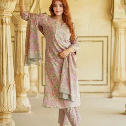 Jaitpuriya Women Ethnic Motifs Embroidered Regular Thread Work Pure Cotton Kurta with Trousers & With Dupatta-24