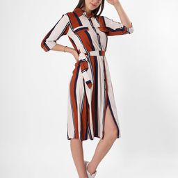 clobug Women Shirt Collar Striped Shirt Midi Dress-image-61
