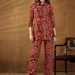 Anouk Floral Printed Shirt Collar Three-Quarter Sleeves Top & Trouser-image-65