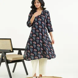 GOODHAND Floral Printed V-Neck Cotton Straight Kurta-image-5