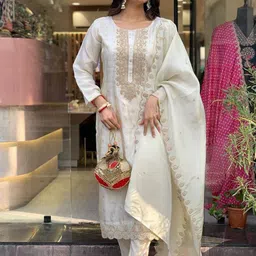 KALINI Embroidered Sequinned Straight Kurta with Trousers & Dupatta-picture-11