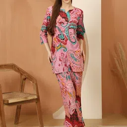 House Of Attire Pure Cotton Printed V-Neck Three Fourth Sleeves Tunic With Trouser Co-Ords-image-98