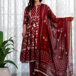 IndigoFerry Floral Printed A-Line Pure Cotton Mirror Work Kurta with Trousers & Dupatta-image-81