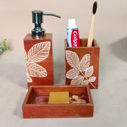THE HOME CO. Brown & Cream-Coloured Abstract Wood Bath Accessories Set-10