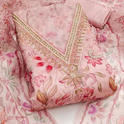 HERE&NOW Floral Printed Hand Work Beads and Stones Organza Unstitched Dress Material-image-99