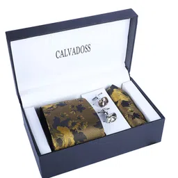 Calvadoss Men Floral Printed Tie Pocket Square & Cufflink Accessory Gift Set-image-15