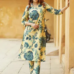 KALINI Floral Printed V-Neck Pure Cotton Straight Kurta With Trousers-picture-31