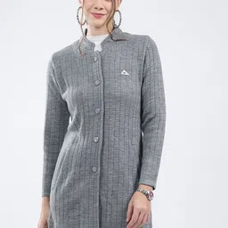 Monte Carlo Self Design Band Collar Neck Single Breasted Overcoat-image-6