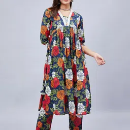 WineRed Women Floral Printed Regular Pure Cotton Kurta with Trousers-55