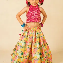 Jilmil Girls Woven Design Sleeveless Halter Neck With Bandhni Mirror Work Lehenga-image-40