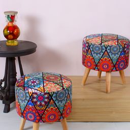 Shadowkart 2 Pieces Blue & Red Printed Wooden Pouffes Ottomans-image-28