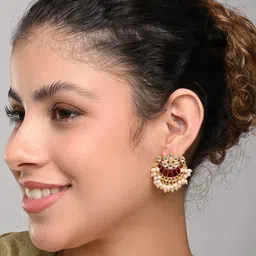 Anvik Gold-Plated Artificial Stones Studded & Beaded Meenakari Crescent Shaped Studs image 5