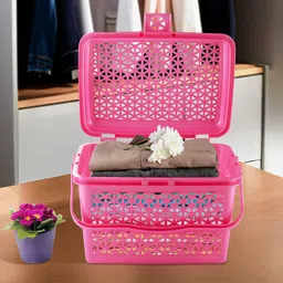 Kuber Industries Pink 4 Checked Pieces Multipurpose Tote Basket with Lid & Handle image 5