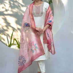 MOJILAA Women Floral Embroidered Regular Sequinned Kurta with Trousers & With Dupatta-picture-8