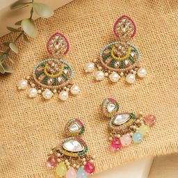 Zaveri Pearls Set Of 2 Gold-Plated Artificial Stones Studded Contemporary Drop Earrings-13