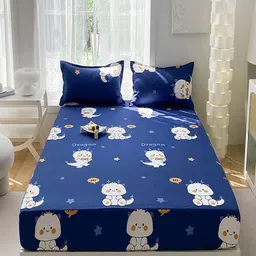 JC HOME Navy Blue & White Cartoon Printed 140 TC Fitted Single Bedsheet Set 1.2m x 2.0 m-image-48