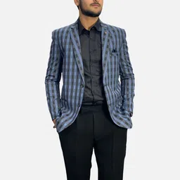 GARGIAN Master Cut Men Grey & Blue Checked Single-Breasted Blazer-picture-21