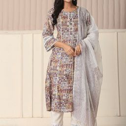 Yufta Ethnic Motifs Printed Round Neck Pure Cotton Straight Kurta With Trousers & Dupatta-image-25
