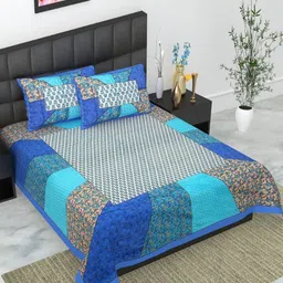 UNIBLISS Blue & White Printed Cotton 144 TC Queen Bedsheet Set 2.15 m x 2.35 m-image-37