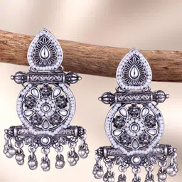 MEENAZ Silver-Plated Oxidised Stone Studded & Beaded Contemporary Shaped Drop Earrings-image-79
