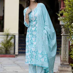 EthniFlair Women Floral Embroidered Regular Aari Work Pure Cotton Kurta with Pyjamas & With Dupatta-35