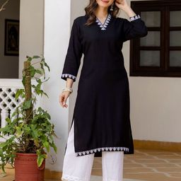SURHI Floral Embroidered V-Neck Straight Kurta-image-18