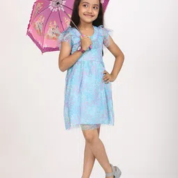 ZION Girls Floral Printed Ruffled Net Fit & Flare Dress-58