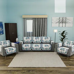 Kuber Industries Blue & White Printed Cotton Sofa Cover With Arms-57