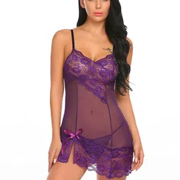 ZERJAMA Women Purple Net Shoulder Strap Baby Doll with Side Cuts And Briefs-image-34